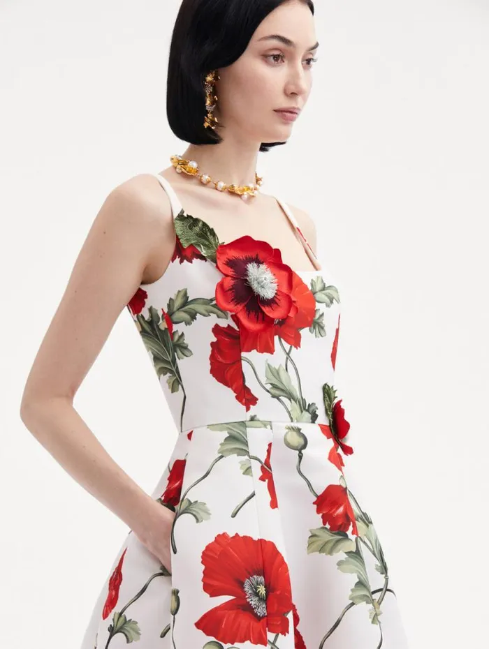 Women Oscar De La Renta Dresses Poppy Embroidered Scoop Neck Dress White Red Women Oscar De La Renta Dresses Poppy Embroidered Scoop Neck Dress White Red