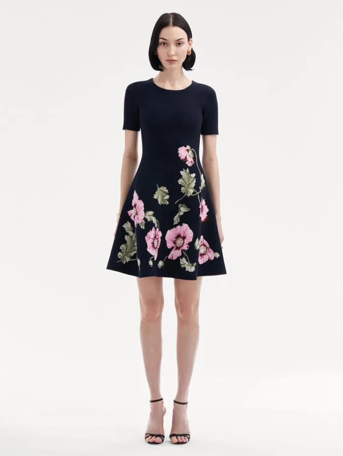 Women Oscar De La Renta Dresses Poppy Jacquard Dress Navy Pink Women Oscar De La Renta Dresses Poppy Jacquard Dress Navy Pink