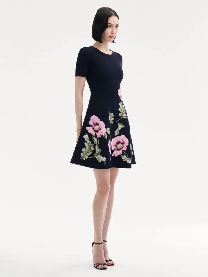 Women Oscar De La Renta Dresses Poppy Jacquard Dress Navy Pink Women Oscar De La Renta Dresses Poppy Jacquard Dress Navy Pink