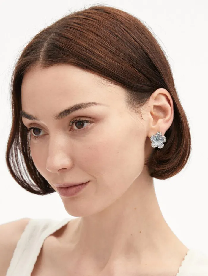 Women Oscar De La Renta Earrings Crystal Flower Stud Earrings Aquamarine