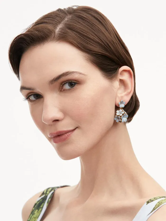 Women Oscar De La Renta Earrings Enamel Flower Drop ClipOn Earrings Blue