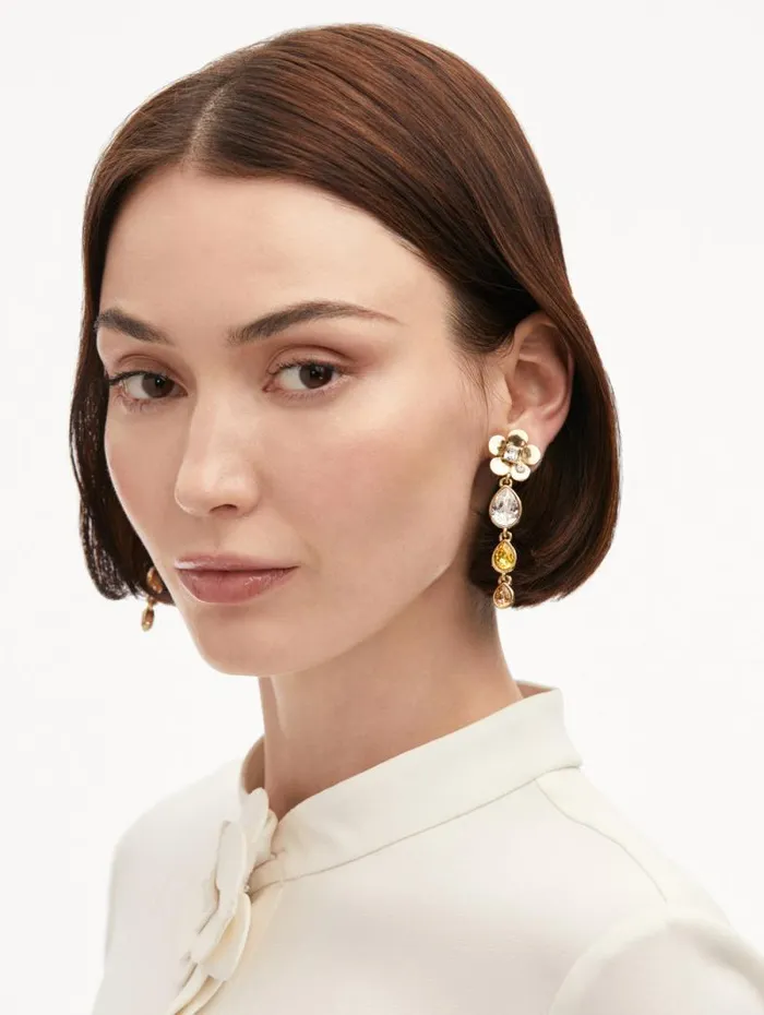 Women Oscar De La Renta Earrings Flower Teardrop ClipOn Earrings Crystal Multi