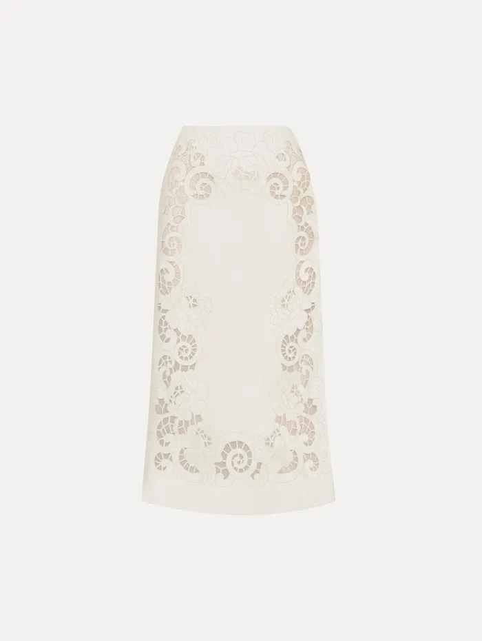 Women Oscar De La Renta Pants and Skirts Laser Cut Floral Leather Pencil Skirt White