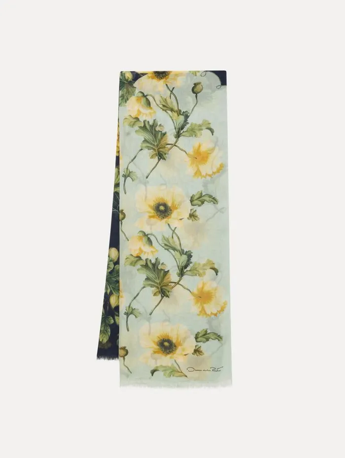 Women Oscar De La Renta Scarves Poppies and Grapes Modal Cashmere Scarf Sage Yellow Women Oscar De La Renta Scarves Poppies and Grapes Modal Cashmere Scarf Sage Yellow