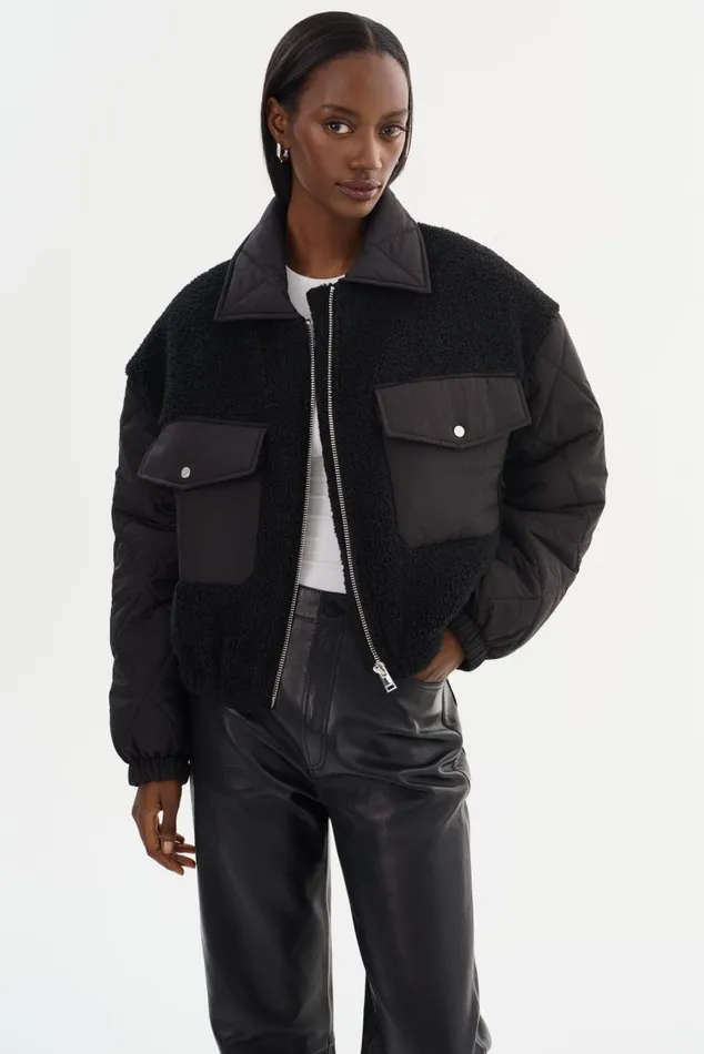 Women PEYTON Mixed Media Bomber Jacket Black LAMARQUE Sherpa