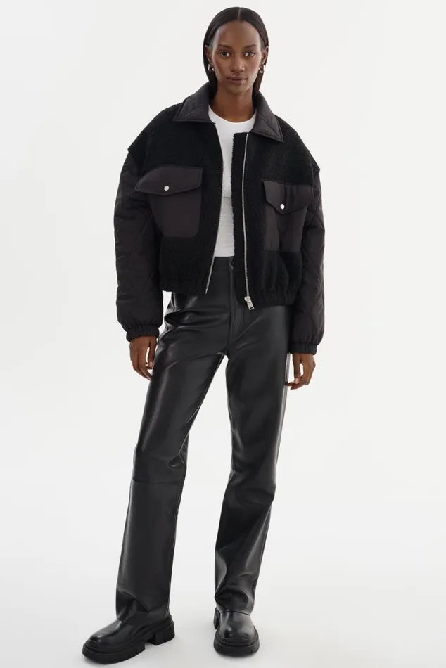 Women PEYTON Mixed Media Bomber Jacket Black LAMARQUE Sherpa Women PEYTON Mixed Media Bomber Jacket Black LAMARQUE Sherpa