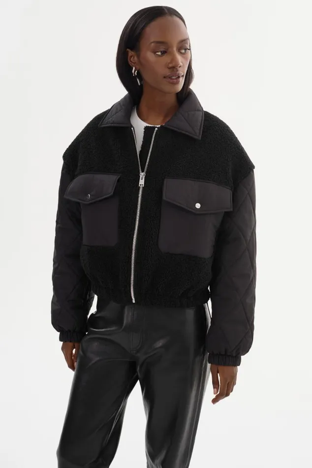Women PEYTON Mixed Media Bomber Jacket Black LAMARQUE Sherpa Women PEYTON Mixed Media Bomber Jacket Black LAMARQUE Sherpa