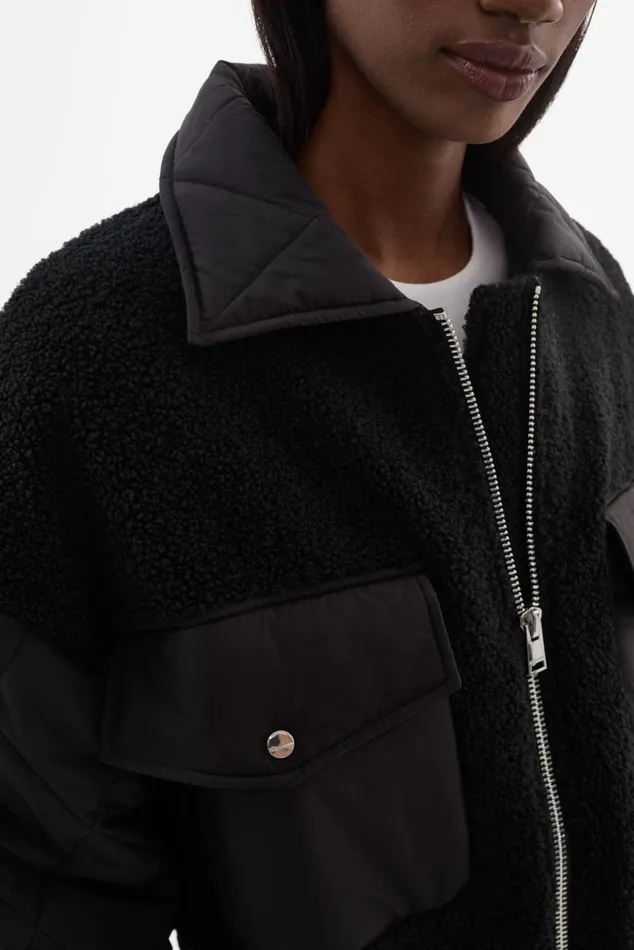 Women PEYTON Mixed Media Bomber Jacket Black LAMARQUE Sherpa Women PEYTON Mixed Media Bomber Jacket Black LAMARQUE Sherpa