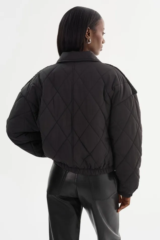 Women PEYTON Mixed Media Bomber Jacket Black LAMARQUE Sherpa Women PEYTON Mixed Media Bomber Jacket Black LAMARQUE Sherpa