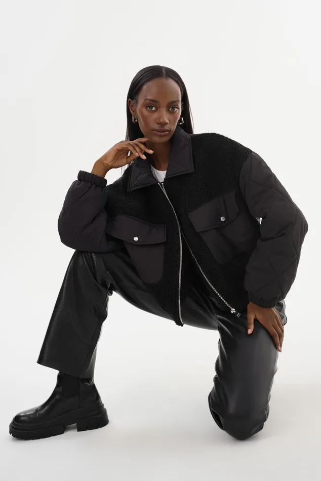 Women PEYTON Mixed Media Bomber Jacket Black LAMARQUE Sherpa Women PEYTON Mixed Media Bomber Jacket Black LAMARQUE Sherpa