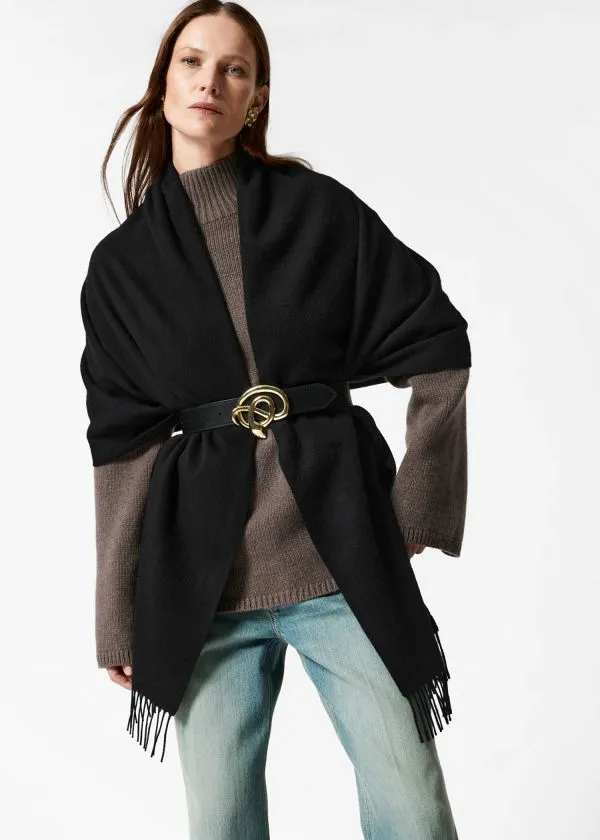 Women Scarves and Other Stories Fringed Wool Blanket Scarf Black