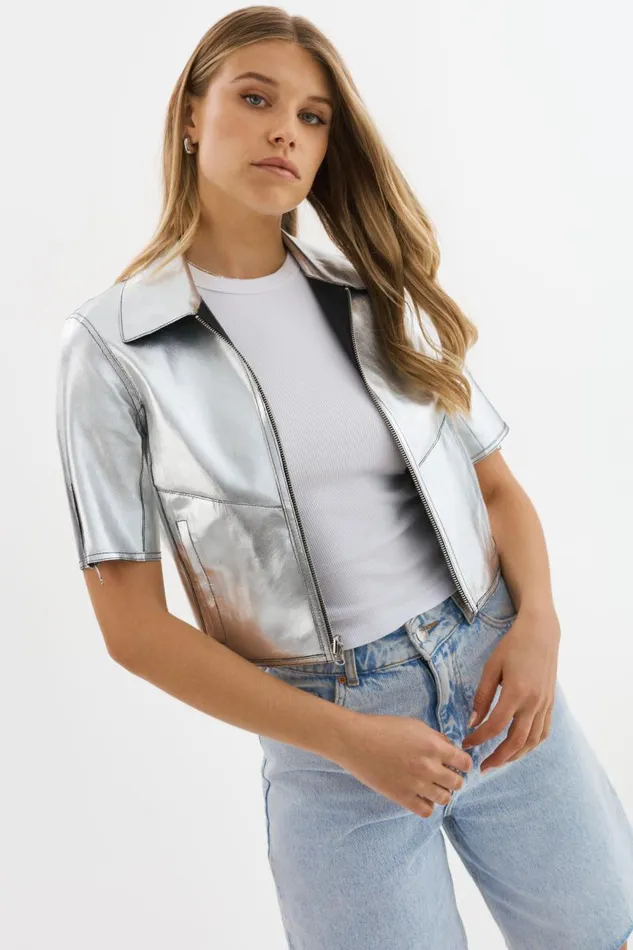 Women SEVANA Reversible Leather Jacket Blacksilver LAMARQUE Short Sleeve Jackets Women SEVANA Reversible Leather Jacket Blacksilver LAMARQUE Short Sleeve Jackets