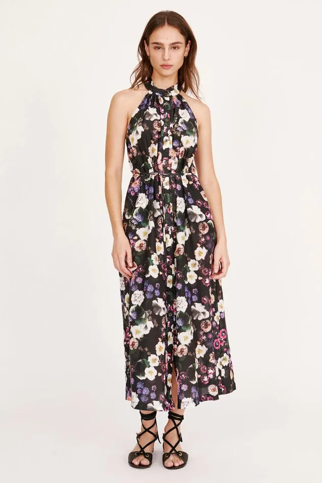 Women Silk Voile Black Floral Halter Midi Dress Raquel Allegra Dresses