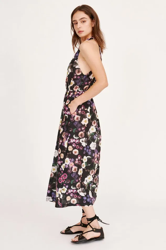 Women Silk Voile Black Floral Halter Midi Dress Raquel Allegra Dresses