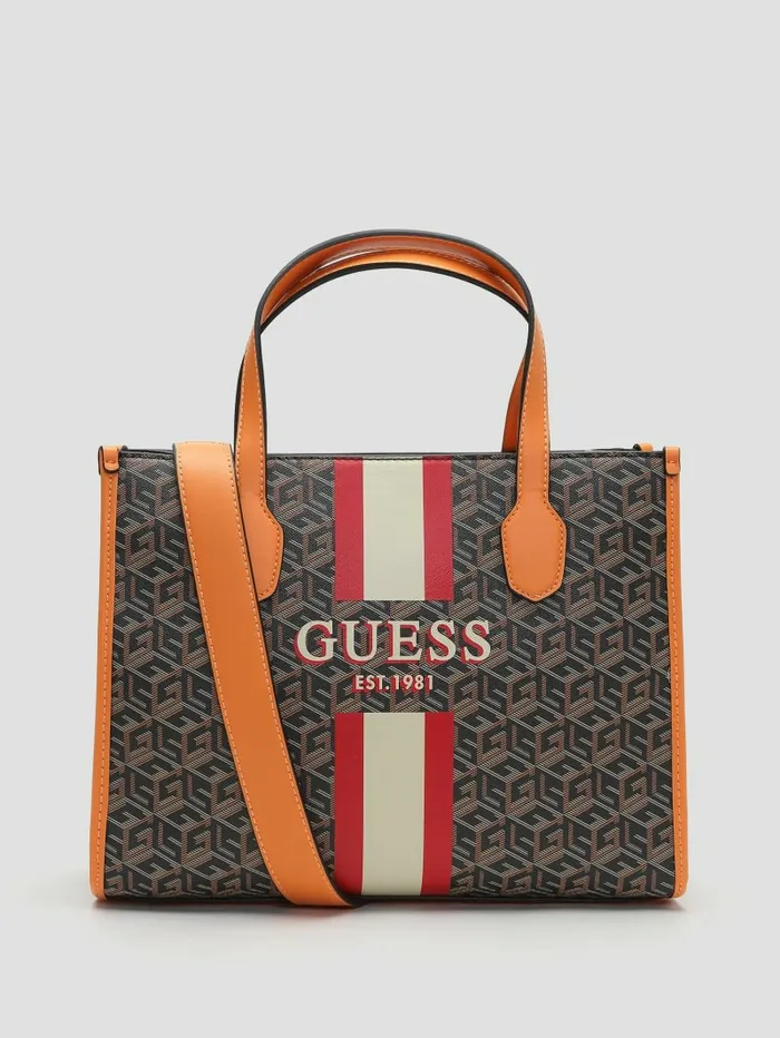 Women Silvana G Cube Tote Black Gold Handbags GUESS