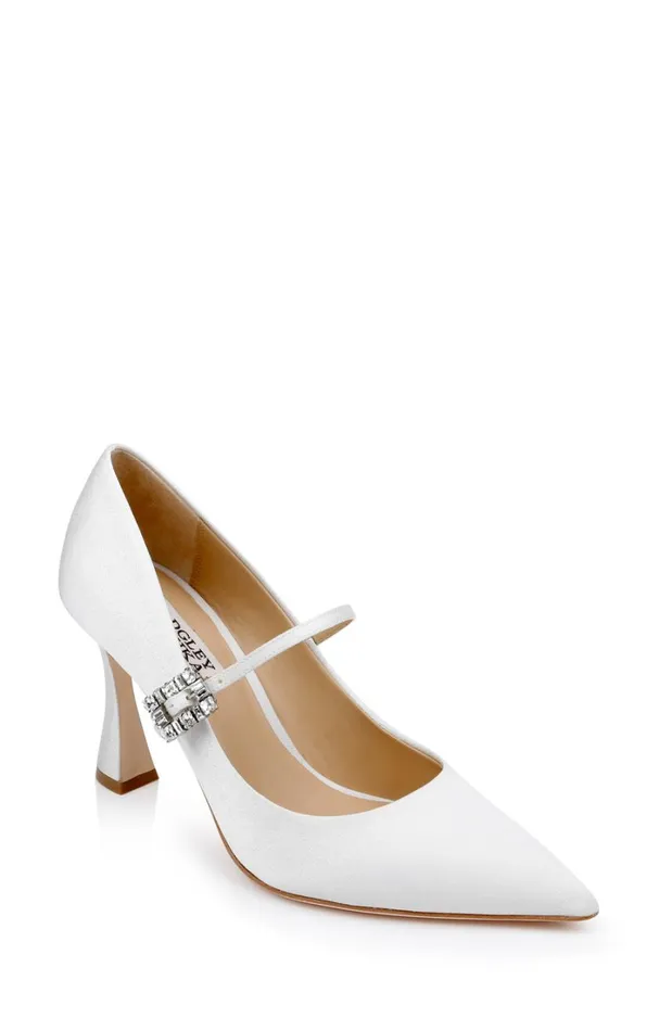 Women Stiletto Badgley Mischka Antonia Pointed Toe Mary Jane Pumps White Crepe