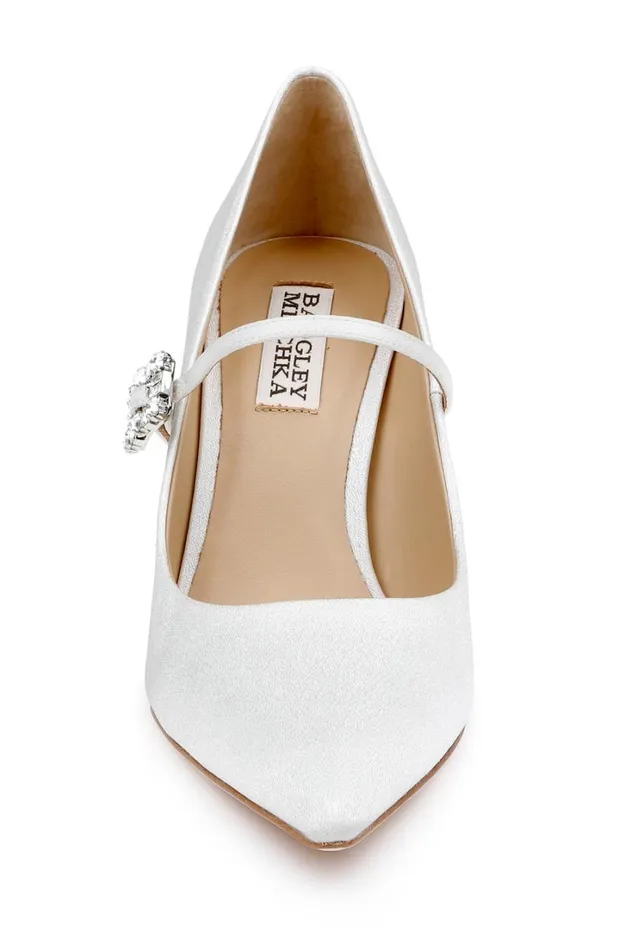 Women Stiletto Badgley Mischka Antonia Pointed Toe Mary Jane Pumps White Crepe