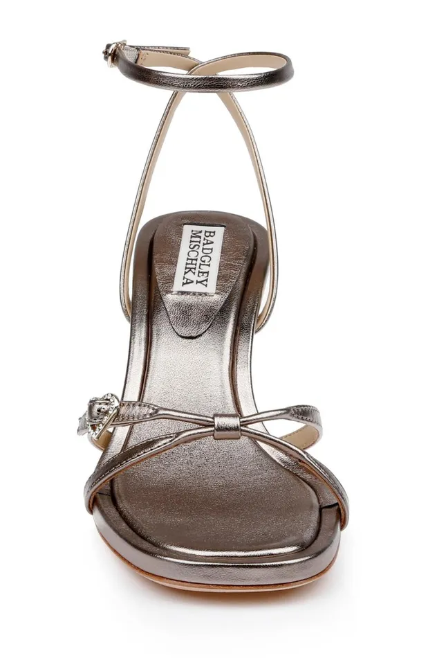 Women Stiletto Badgley Mischka Brynna Leather Sandals With Heart Buckle Light Bronze