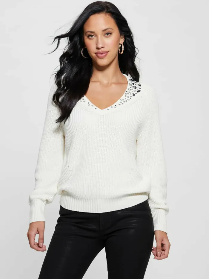 Women Sweaters and Knits GUESS Davina Embellished Sweater Cream White