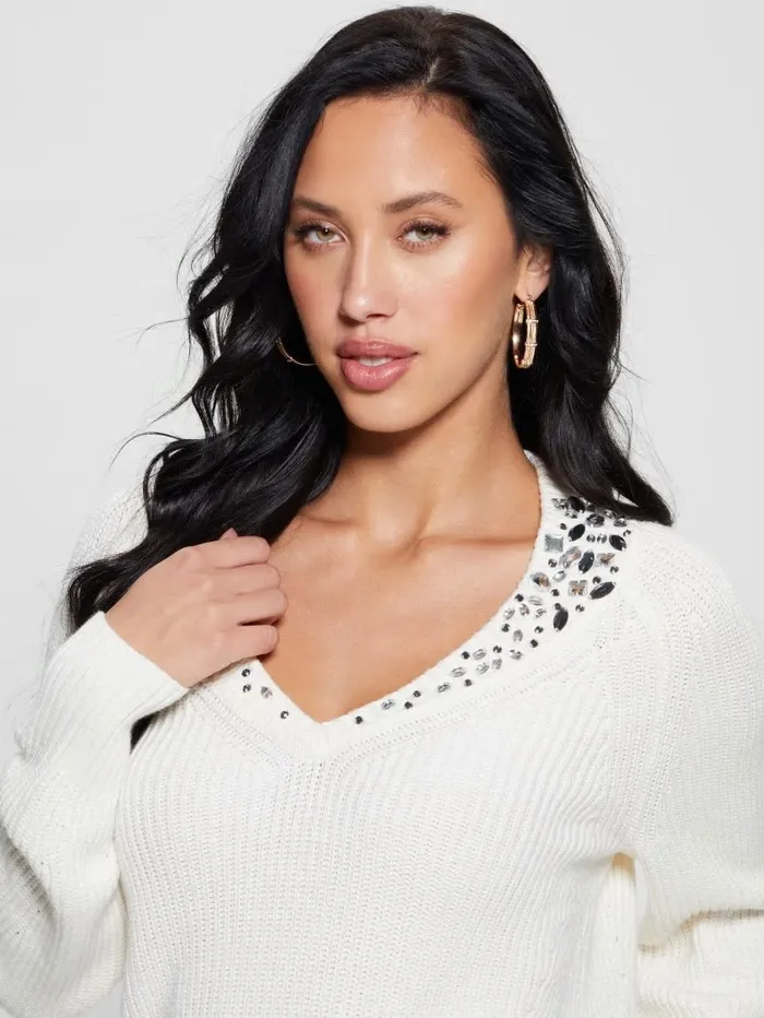 Women Sweaters and Knits GUESS Davina Embellished Sweater Cream White
