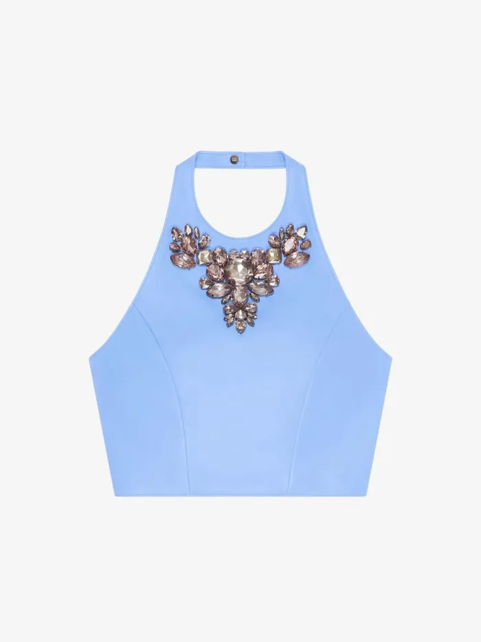 Women Tops and Shirts Givenchy Cropped Top In Leather With Embroidered Stones Cornflower