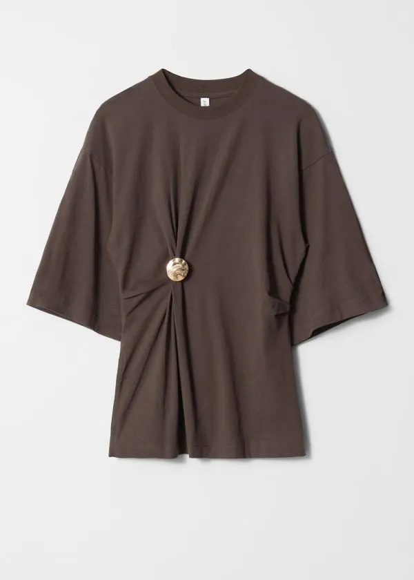 Women Tops and Tshirts and Other Stories Draped Brooch Tshirt Brown