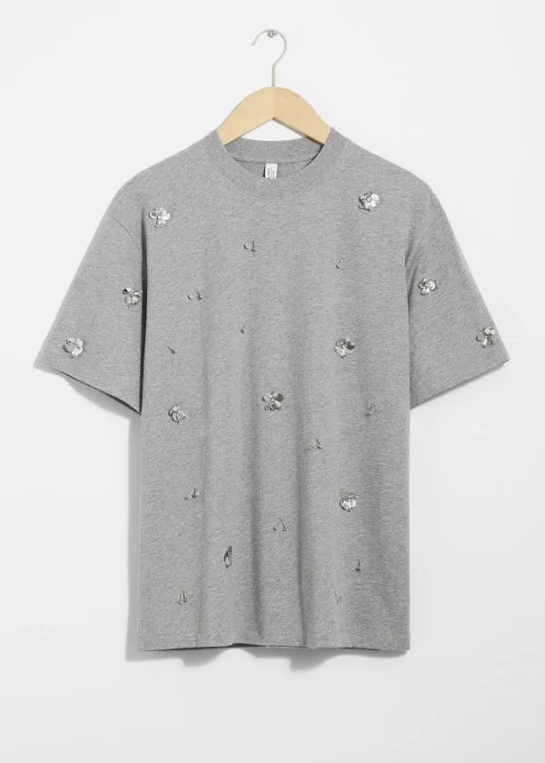 Women Tops and Tshirts and Other Stories FloralAppliqu TShirt Grey Melange