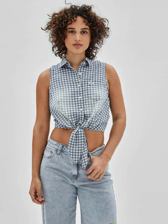 Women Tops GUESS GUESS Originals Gingham TieFront Top Night Sky Blue Multi