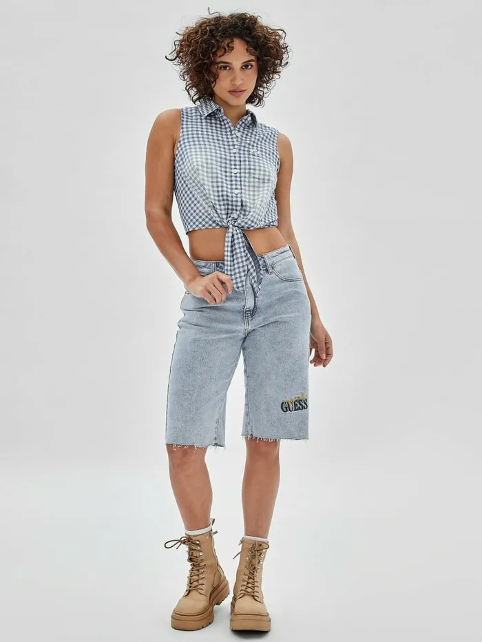 Women Tops GUESS GUESS Originals Gingham TieFront Top Night Sky Blue Multi Women Tops GUESS GUESS Originals Gingham TieFront Top Night Sky Blue Multi