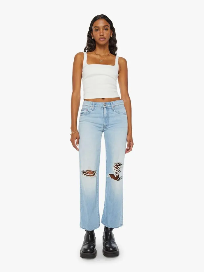Women Wide Leg Mother Denim The Mid Rise Rambler Zip Flood Wash Ripped Off
