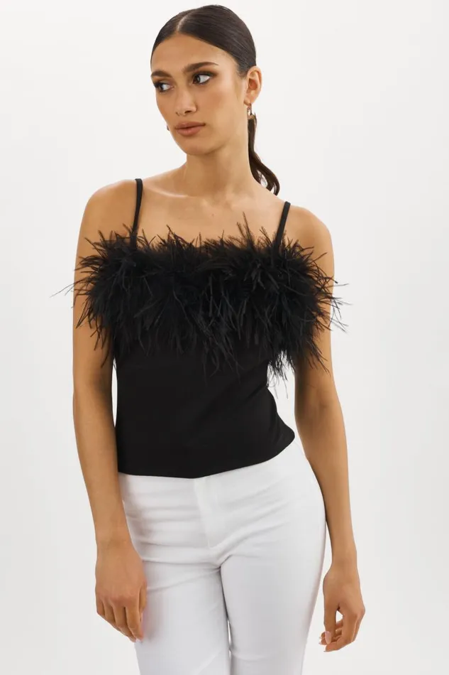 Women YARINA Feather Trimmed Top Black LAMARQUE Tops